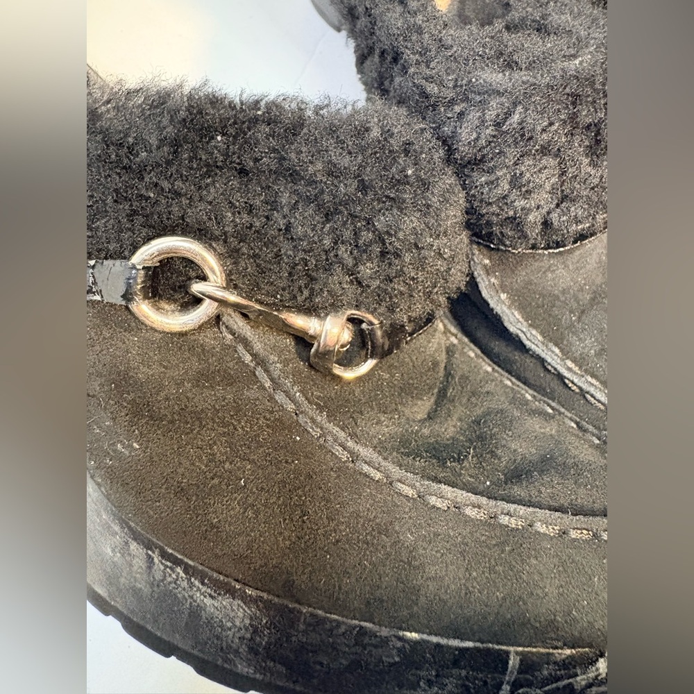 Coach Idyle Platform Mules in Black Suede and Faux-Shearling with Chain - Picture 14 of 16